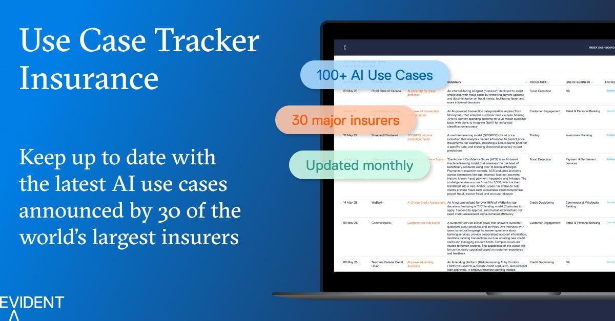 The Use Case Tracker for Insurance is a repository of AI use cases announced by 30 of the world's largest insurers
