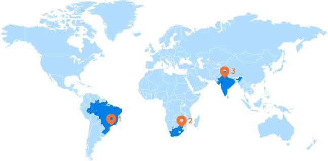 A world map highlighting Brazil, South Africa and India