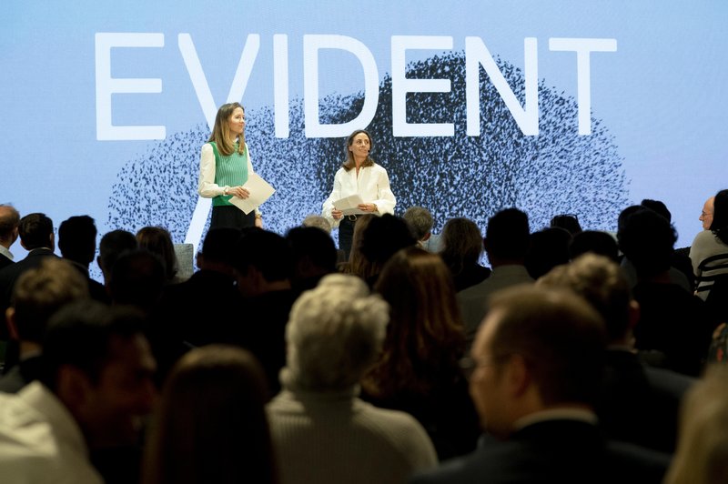 Evident co-founders Alexandra Mousavizadeh and Annabel Ayles speaking at the Evident AI launch event.